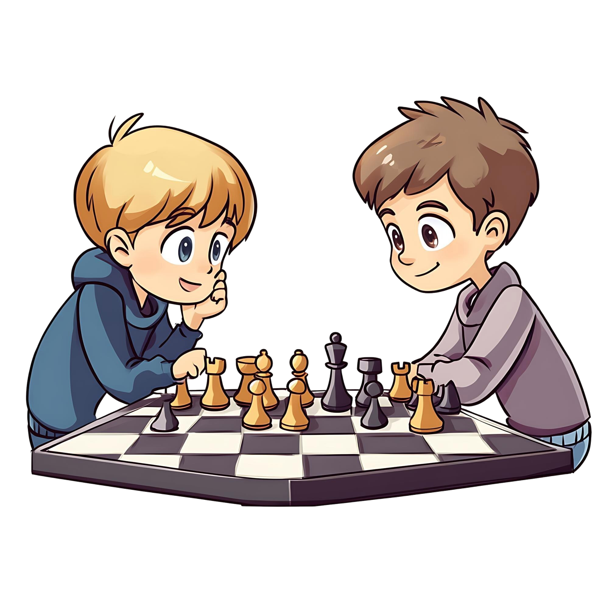 Two boys playing chess cartoon illustration
